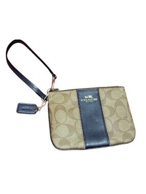 Coach Brown Signature Canvas Wristlet with Black Leather Stripe NWOT